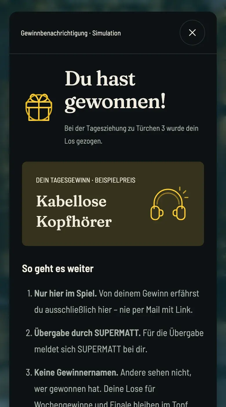 Demo-Ansicht: Gewinnbenachrichtigung „Du hast gewonnen!“ mit Beispielpreis Kabellose Kopfhörer, Kopfhörer-Grafik und den nächsten Schritten.