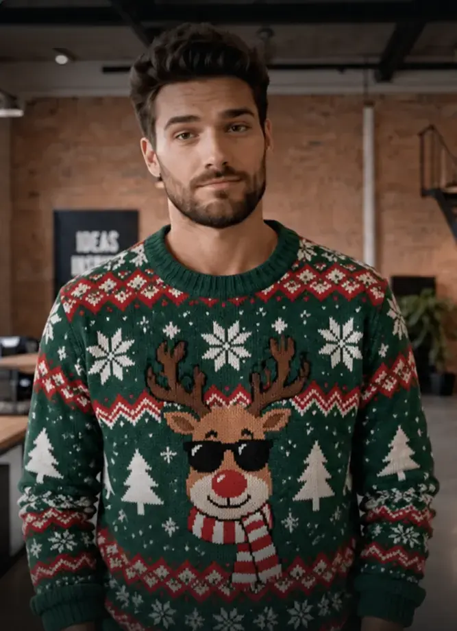 Symbolbild: Mann im Weihnachtspulli mit Rentiermotiv in einem Loft-Büro