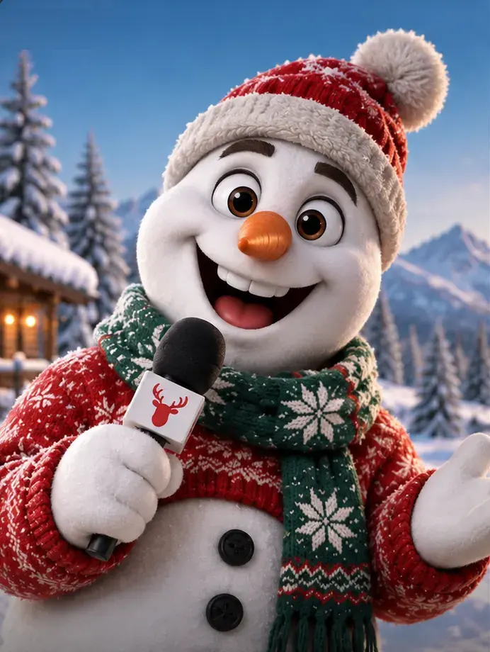 Symbolbild: illustrierter Schneemann mit Mütze und Mikrofon vor verschneiten Bergen